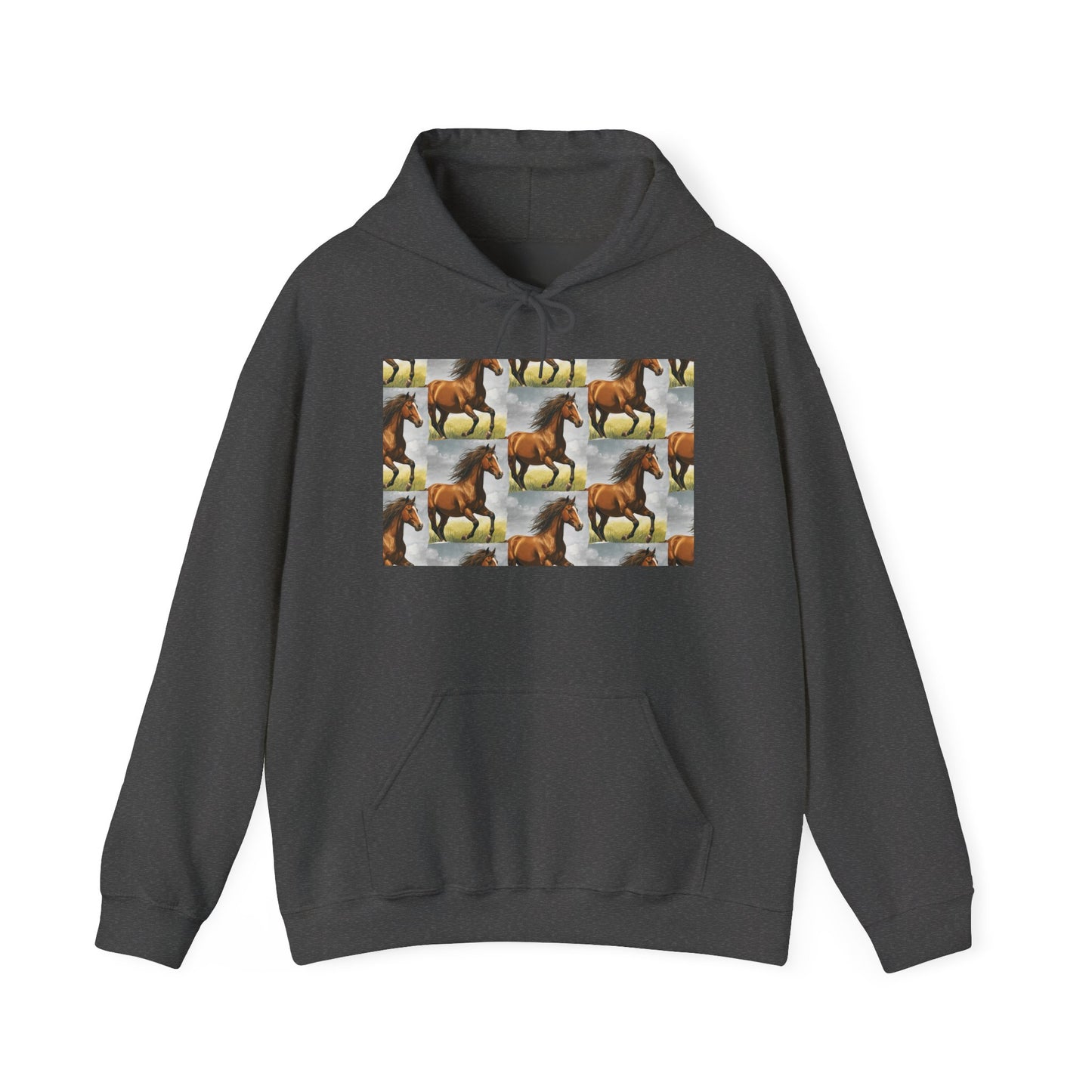 Dark gray horse-pattern hoodie with front pouch and drawstring hood