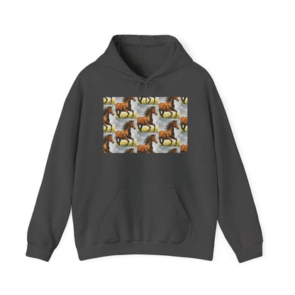 Dark gray horse-pattern hoodie with front pouch and drawstring hood
