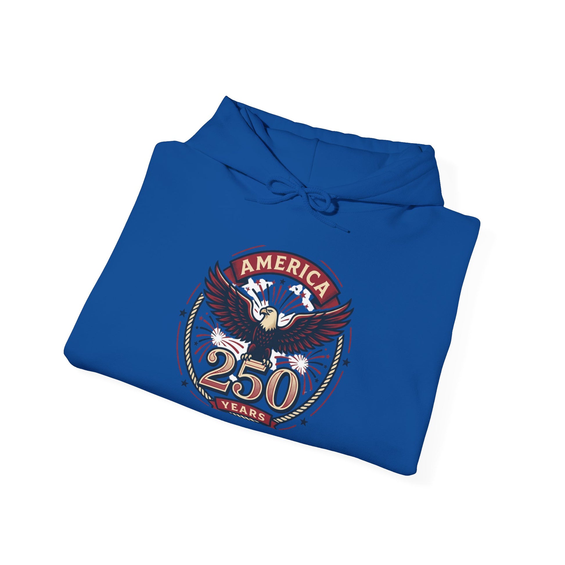 Royal blue graphic hoodie folded, “America 250 years” eagle badge print