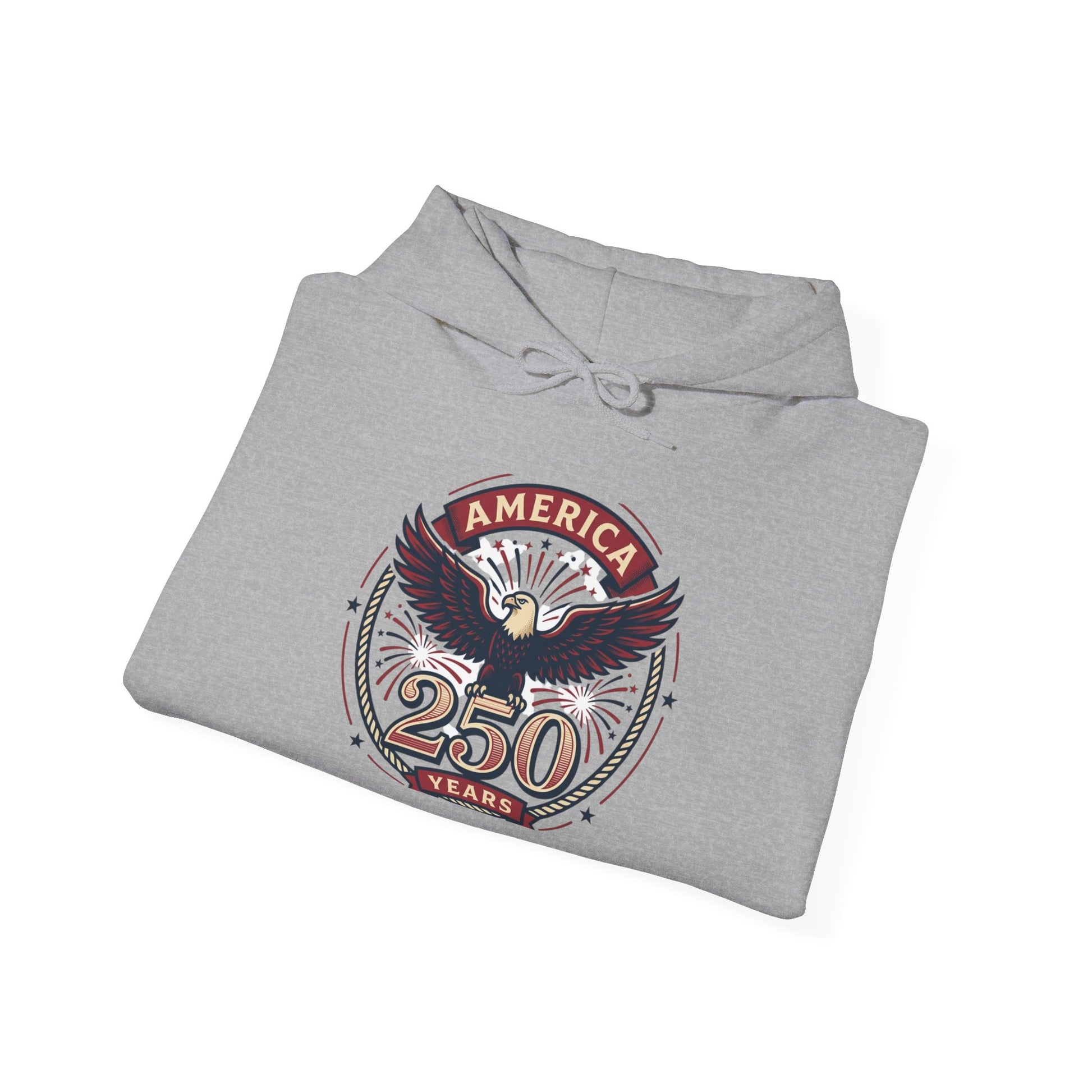 Light gray hoodie with eagle “America 250 Years” graphic on chest