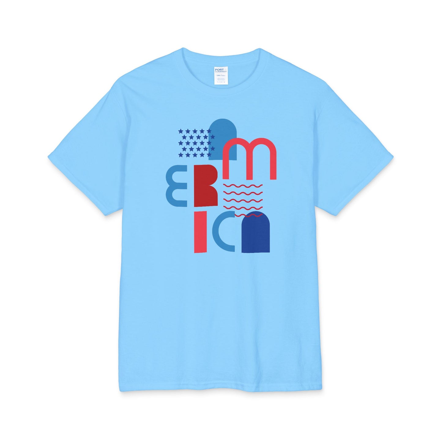 Light blue graphic T-shirt with abstract block letter design in red and blue