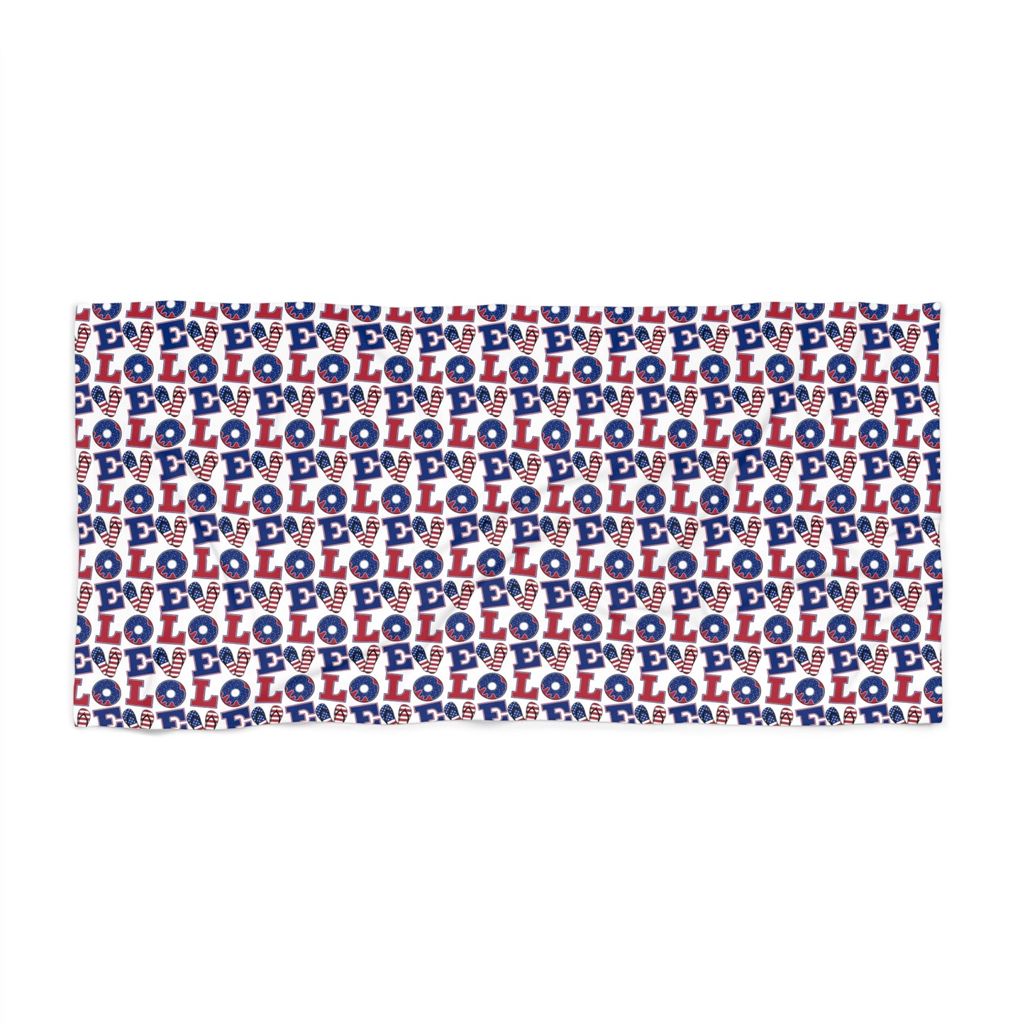 Rectangular beach towel with repeating LOL icons in red, white, and blue pattern
