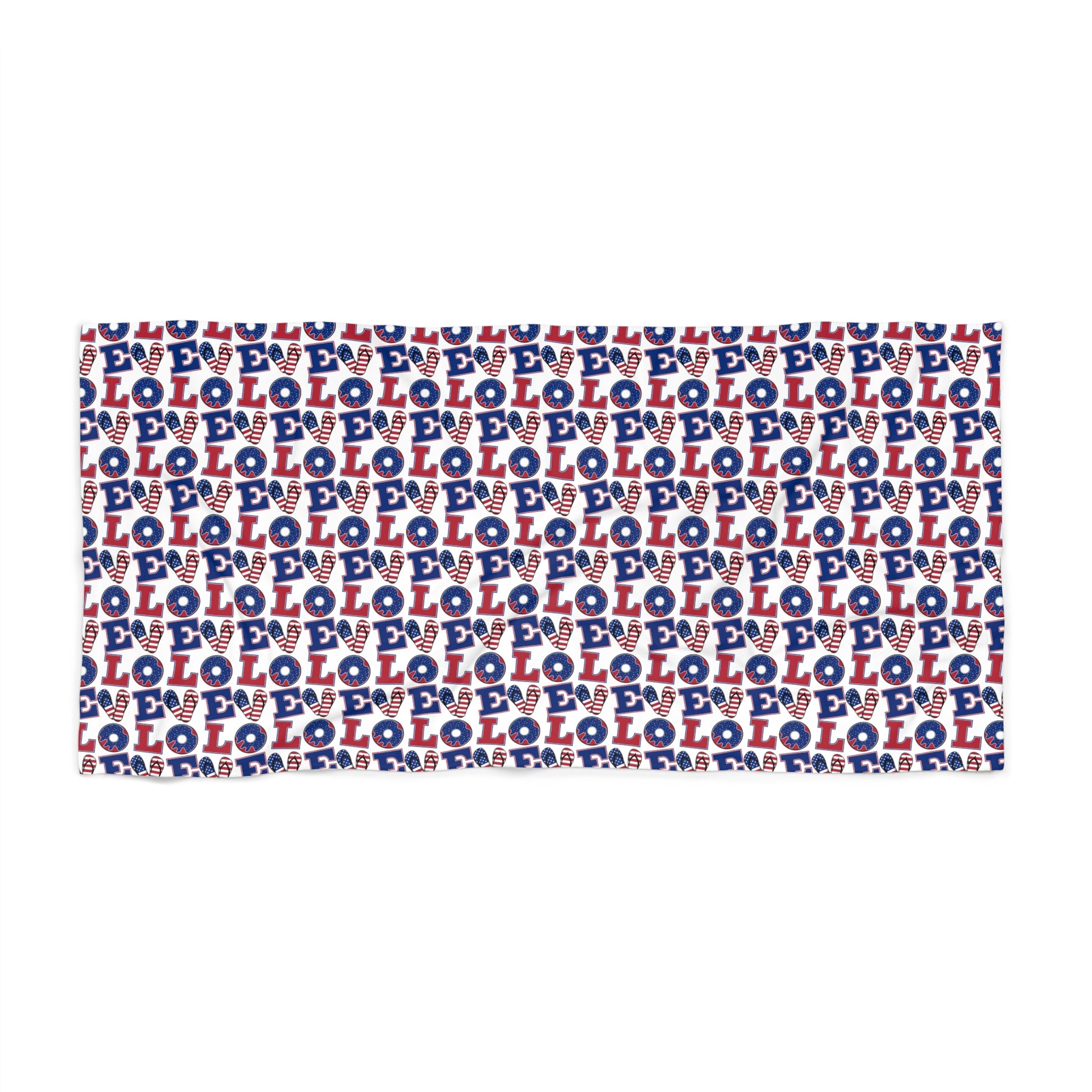 Rectangular beach towel with repeating LOL icons in red, white, and blue pattern