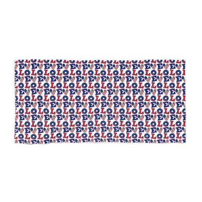 Rectangular beach towel with repeating LOL icons in red, white, and blue pattern