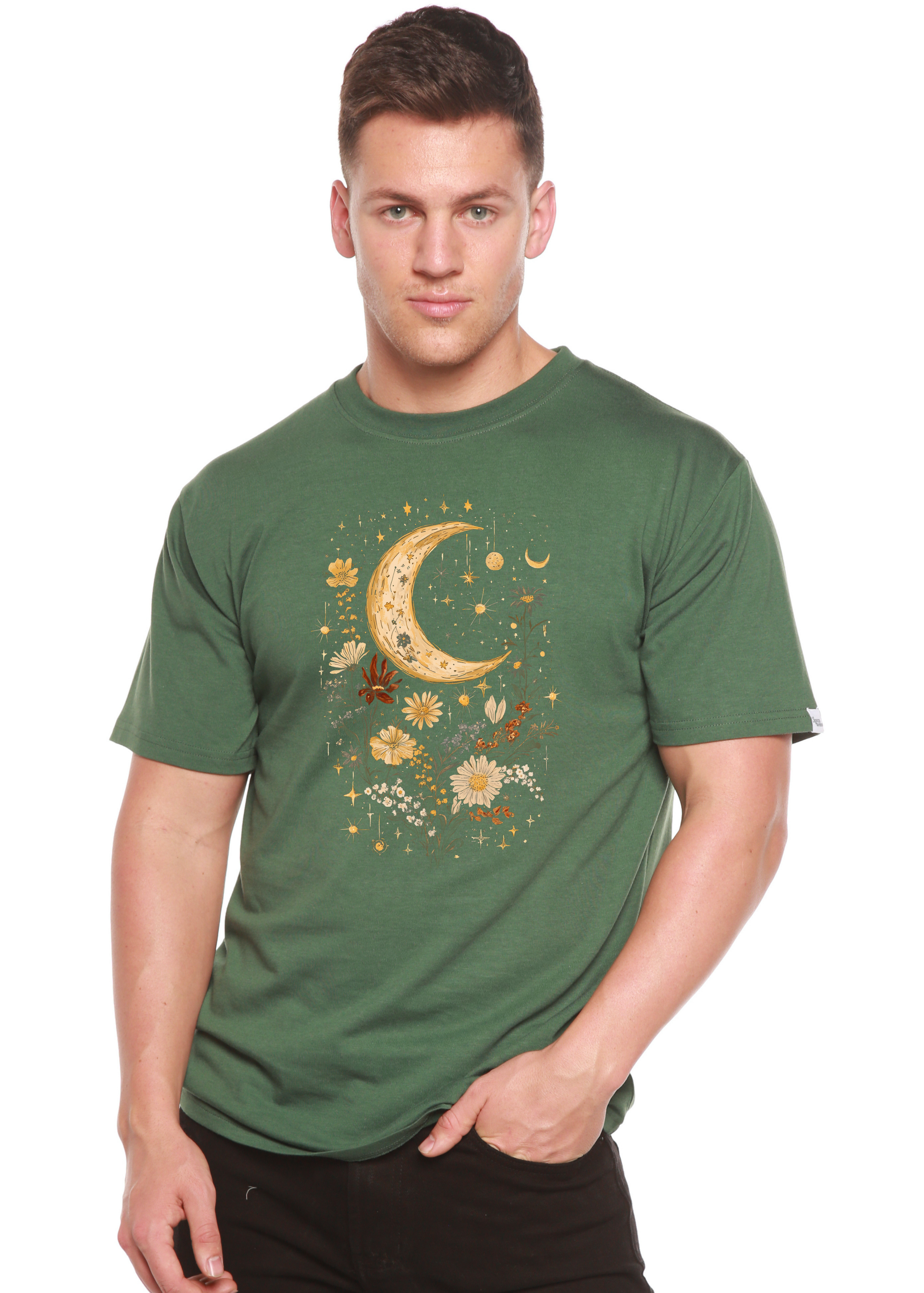 Unisex green graphic T-shirt with crescent moon and boho floral pattern