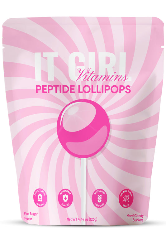 Pink candy pouch labeled It Girl Vitamins Peptide Lollipops