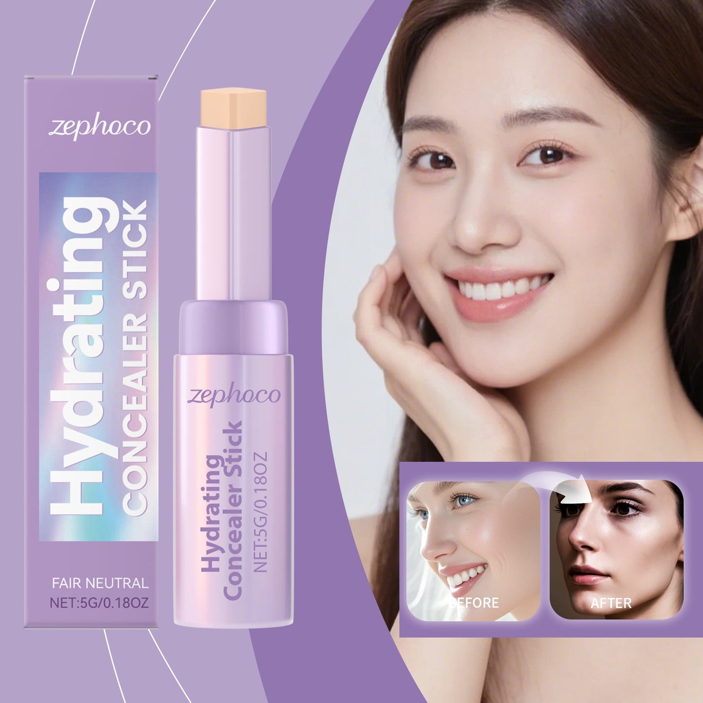 Hydrating concealer stick, ivory white shade, shown with a smiling face