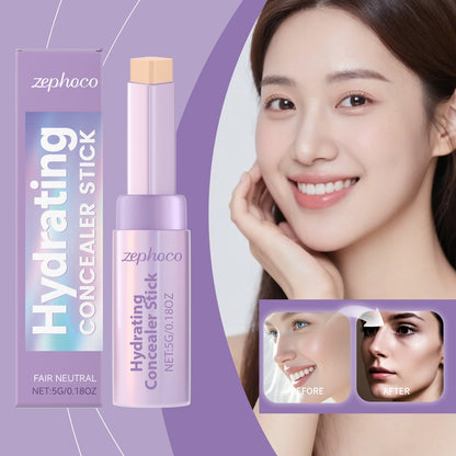 Hydrating concealer stick, ivory white shade, shown with a smiling face