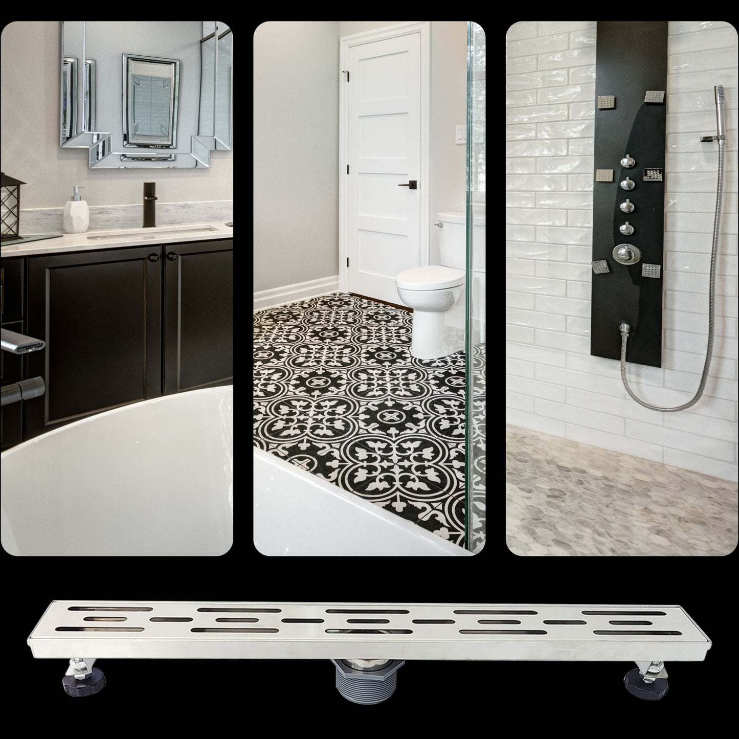 24 Inches Linear Shower Drain, Square Shower Floor Drain with Removable Cover Grid Grate and Hair Strainer Brushed 304 Stainless Steel - Renee Lane Company