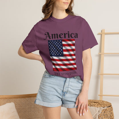 Plum America flag T-shirt with EST 1776-2026 text under flag graphic