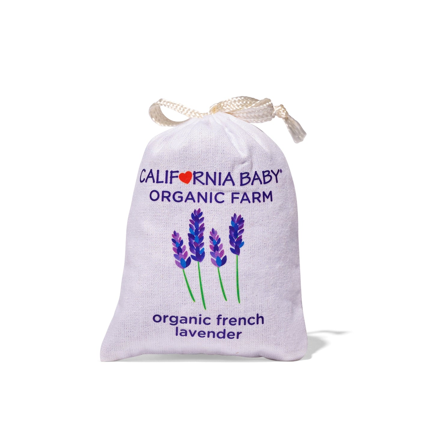 Lavender sachet drawstring pouch, white fabric with organic farm lavender label