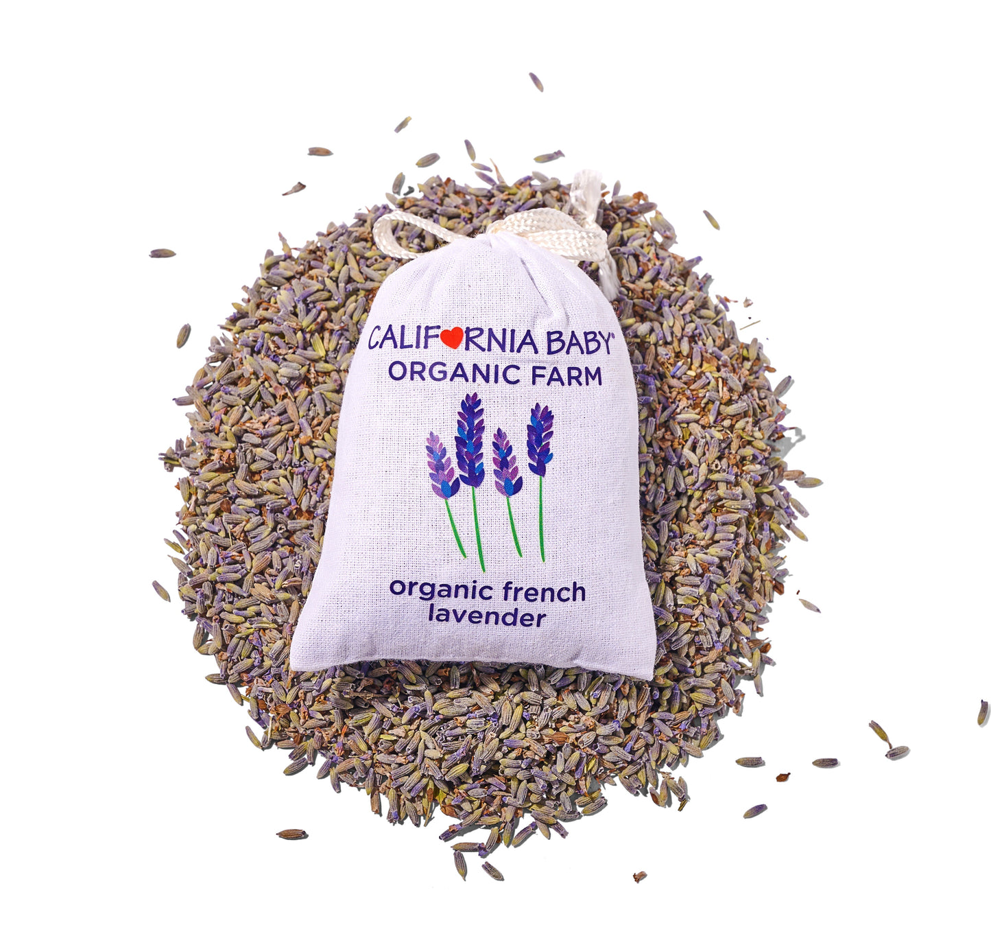 Lavender sachet pouch filled with organic lavender, lavender print label on front