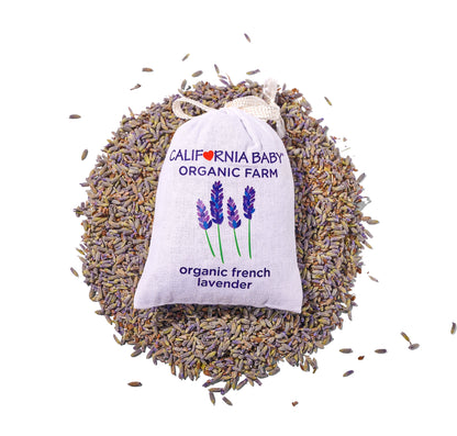 Lavender sachet pouch filled with organic lavender, lavender print label on front