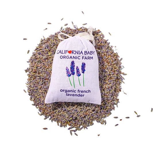 Lavender sachet pouch filled with organic lavender, lavender print label on front