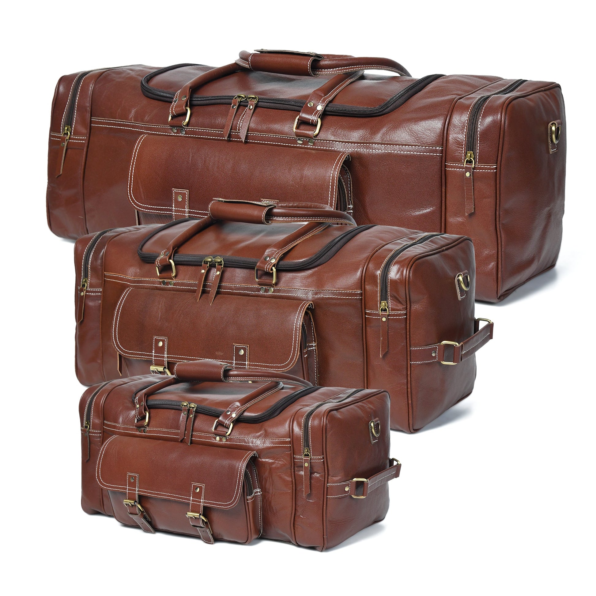 Brown leather-look weekender duffel with front pocket, buckled straps, and handles