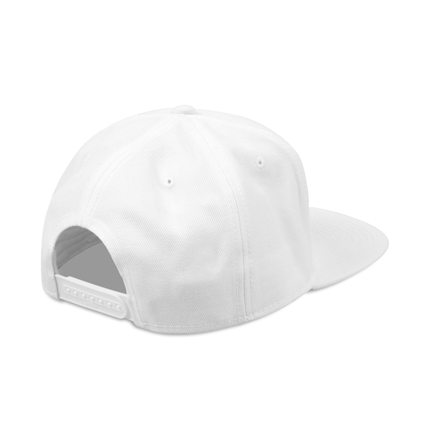 White snapback baseball cap, side profile with curved brim and adjustable strap