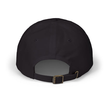 Black dad cap with adjustable strap and metal buckle, open inner panel