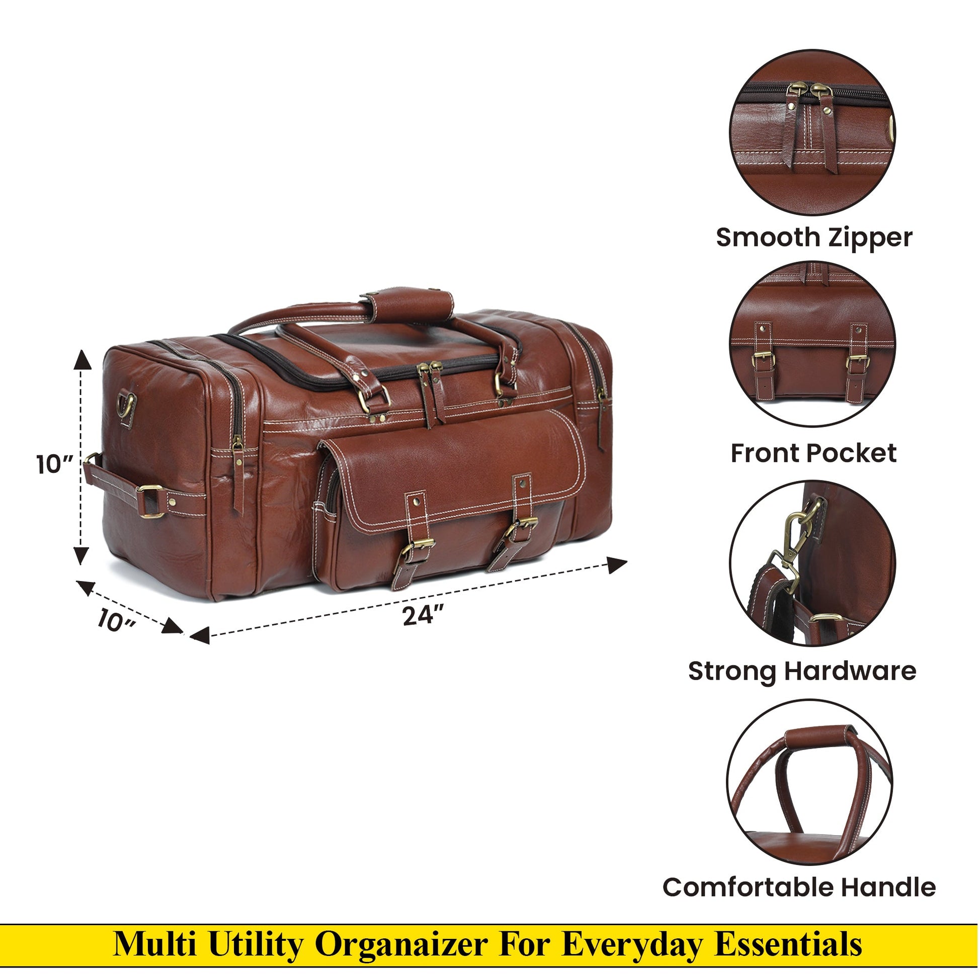 Brown leather-look duffel with smooth zipper, front pocket, and comfortable handle