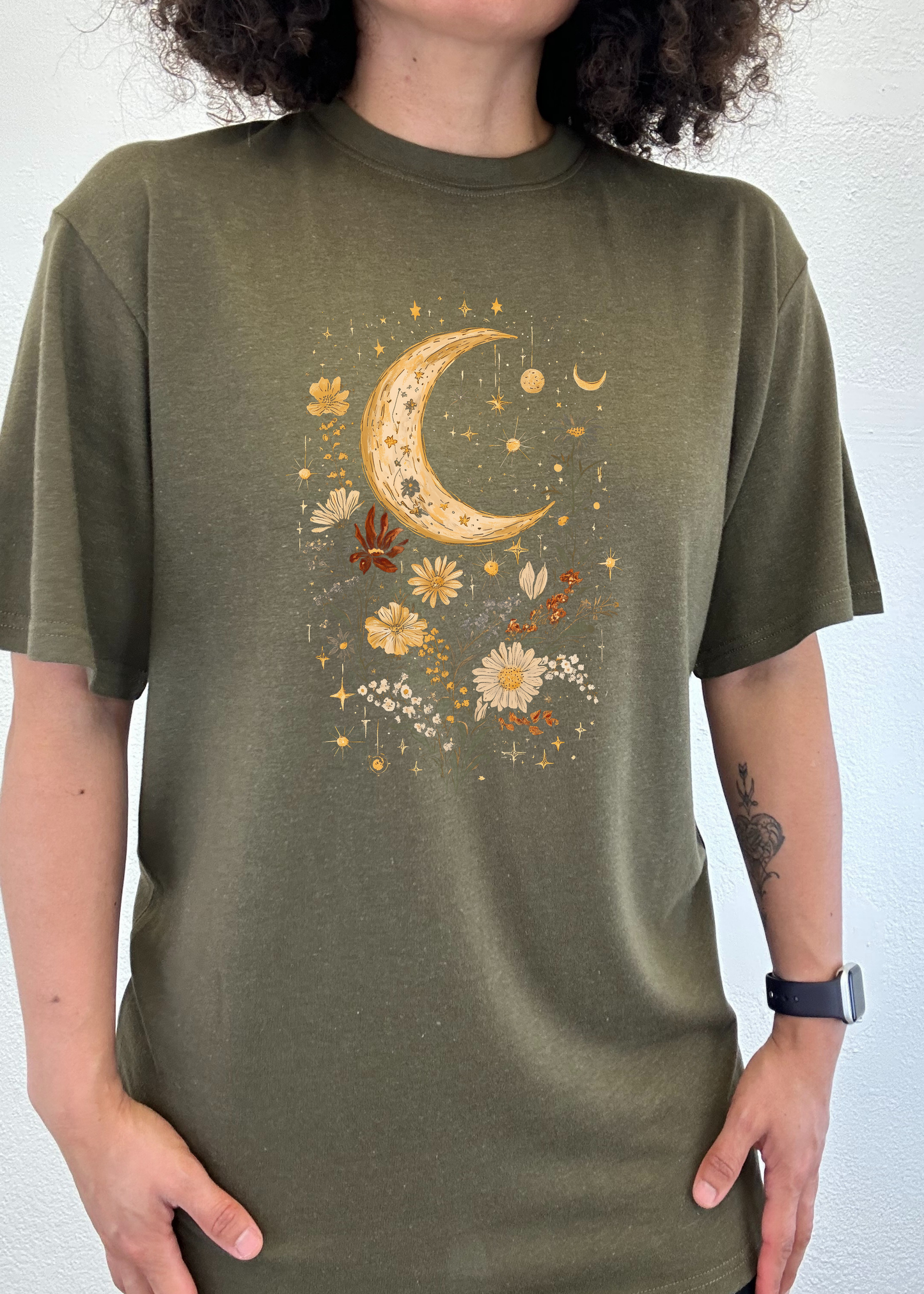 Olive green unisex T-shirt with crescent moon and golden floral boho graphic