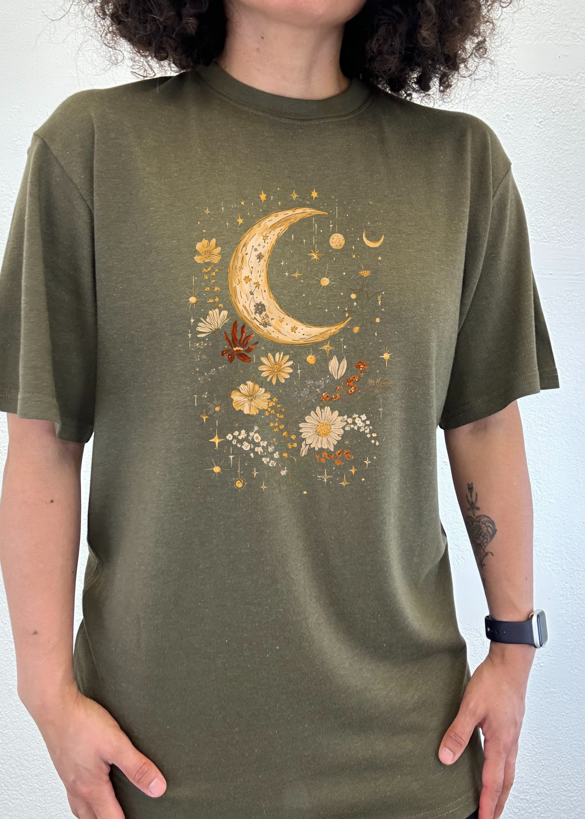 Olive green unisex T-shirt with crescent moon and golden floral boho graphic