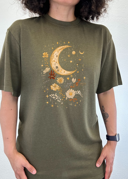 Olive green unisex T-shirt with crescent moon and golden floral boho graphic
