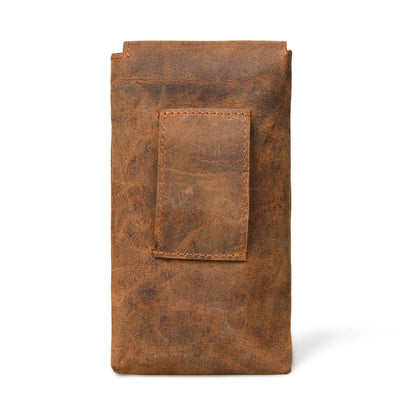 Brown leather holster case back with rectangular patch and stitching