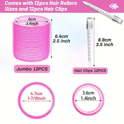 24pcs Jumbo Hair Curlers with Self-Grip Clips for Long, Medium, Short, Thick, and Thin Hair - Perfect for Bangs, Volume, and DIY Hair Dressing - Renee Lane Company