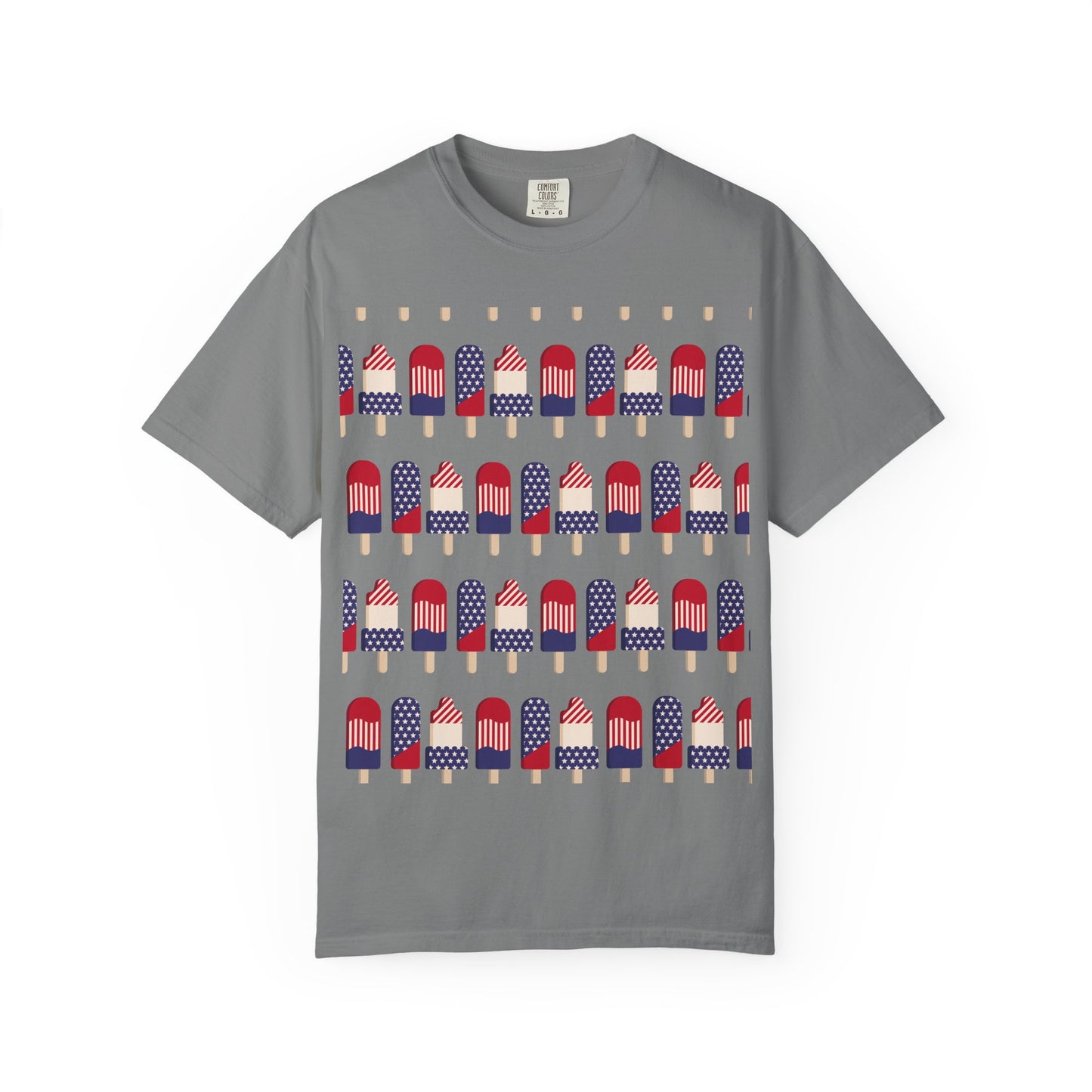 Medium gray T-shirt with popsicle-themed American flag graphic across the chest