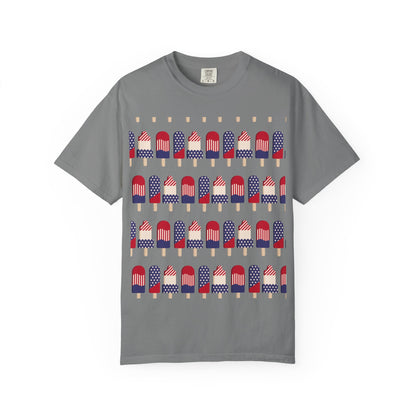 Medium gray T-shirt with popsicle-themed American flag graphic across the chest