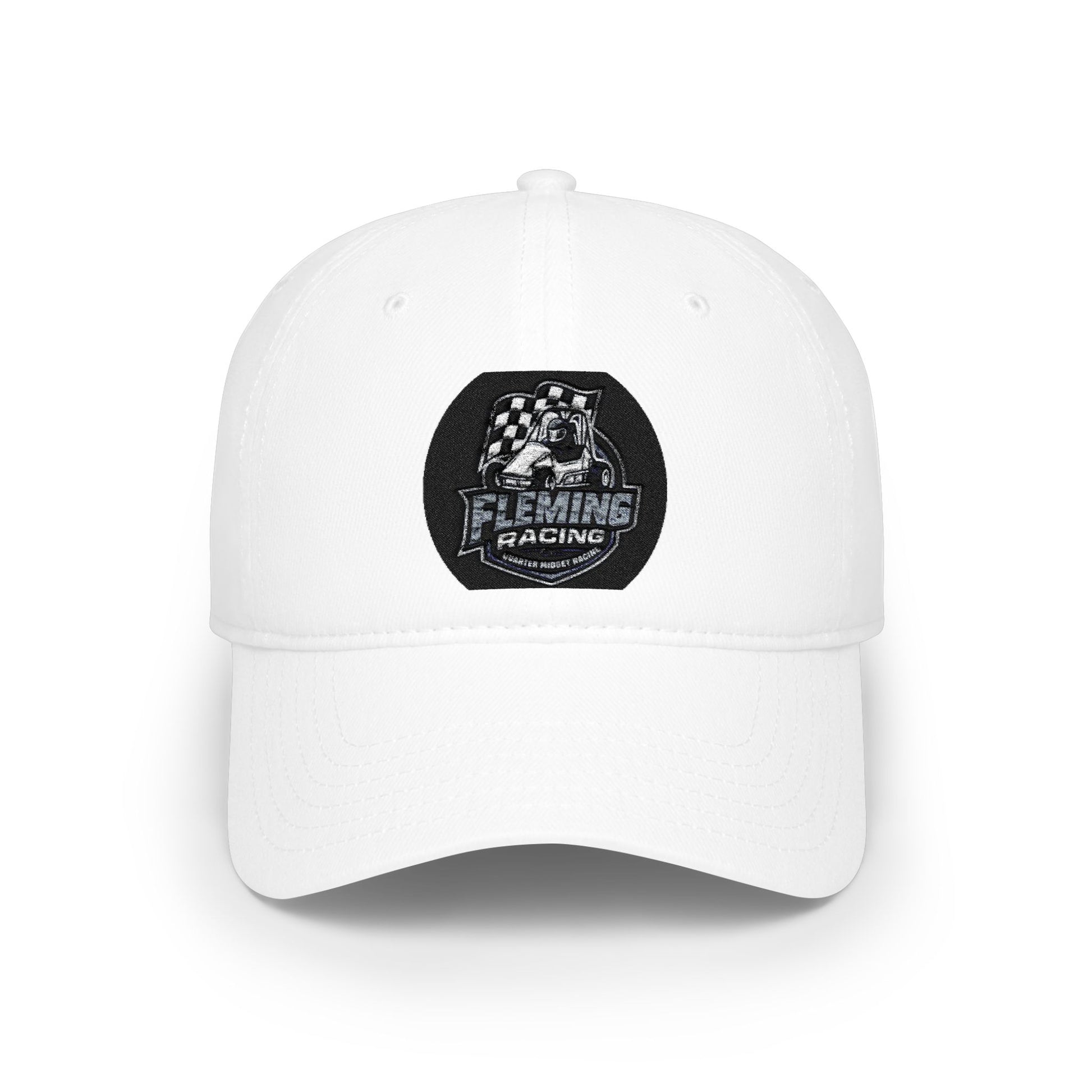 White baseball cap with embroidered racing logo patch