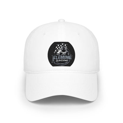 White baseball cap with embroidered racing logo patch
