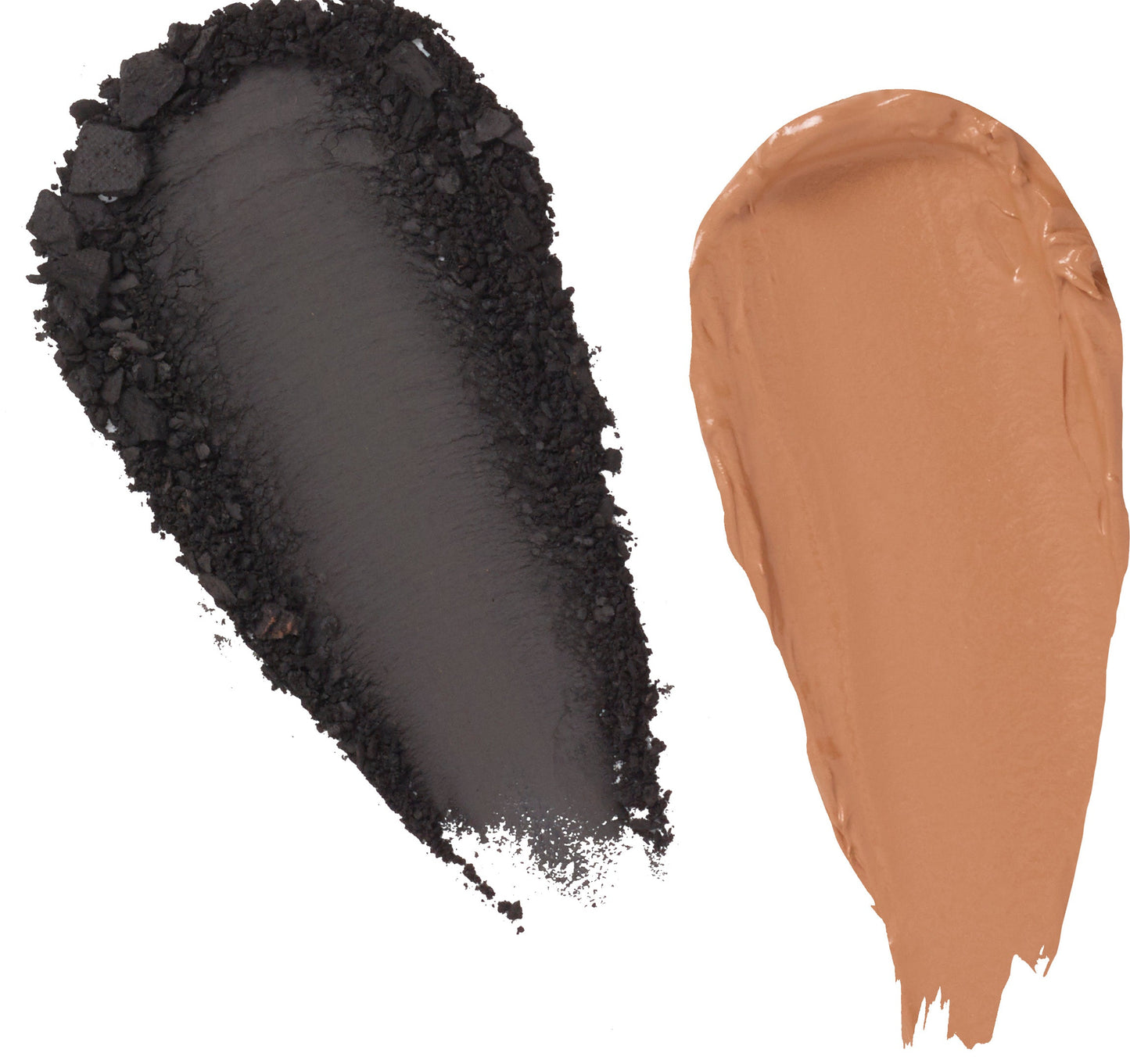 Brow powder and creme swatches: dark black left, medium brown-orange right