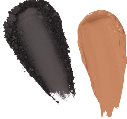 Brow powder and creme swatches: dark black left, medium brown-orange right