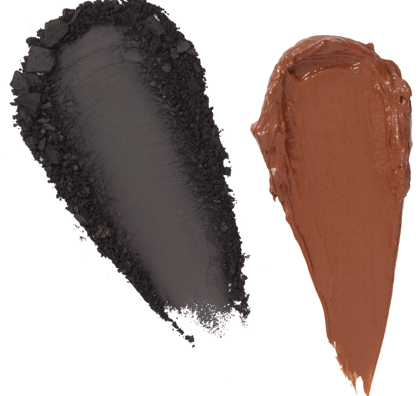 Brow powder and creme swatches: dark black left, rich reddish-brown right