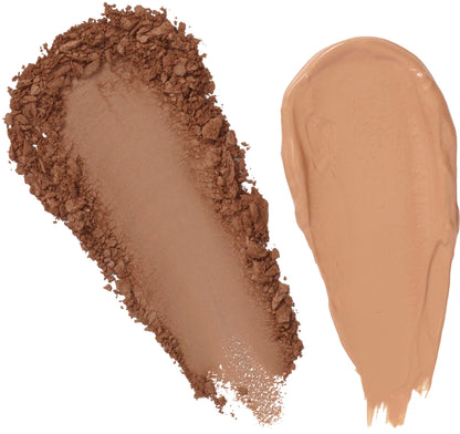 Medium brown brow powder and light tan sculpting creme swatches