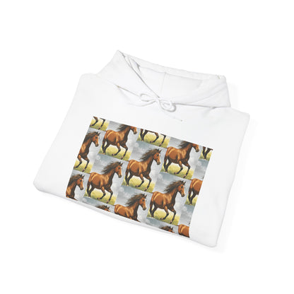 White horse-pattern hoodie with drawstring hood and graphic front panel