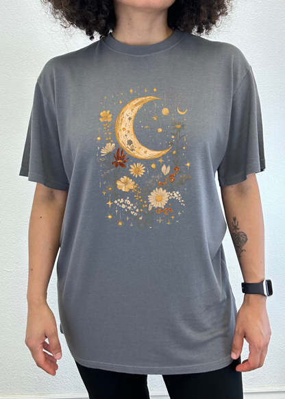 Charcoal gray unisex T-shirt with crescent moon and golden floral bouquet graphic