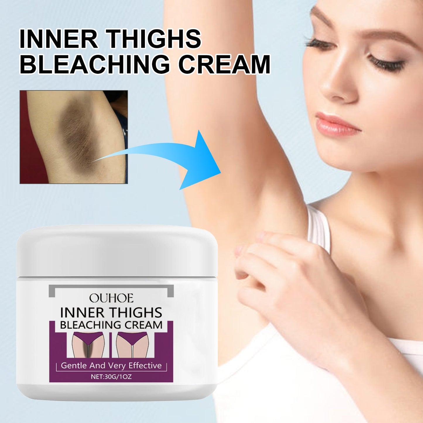 Inner-thigh brightening cream jar with cream being massaged on thigh