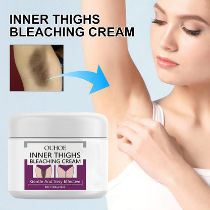 Inner-thigh brightening cream jar with cream being massaged on thigh