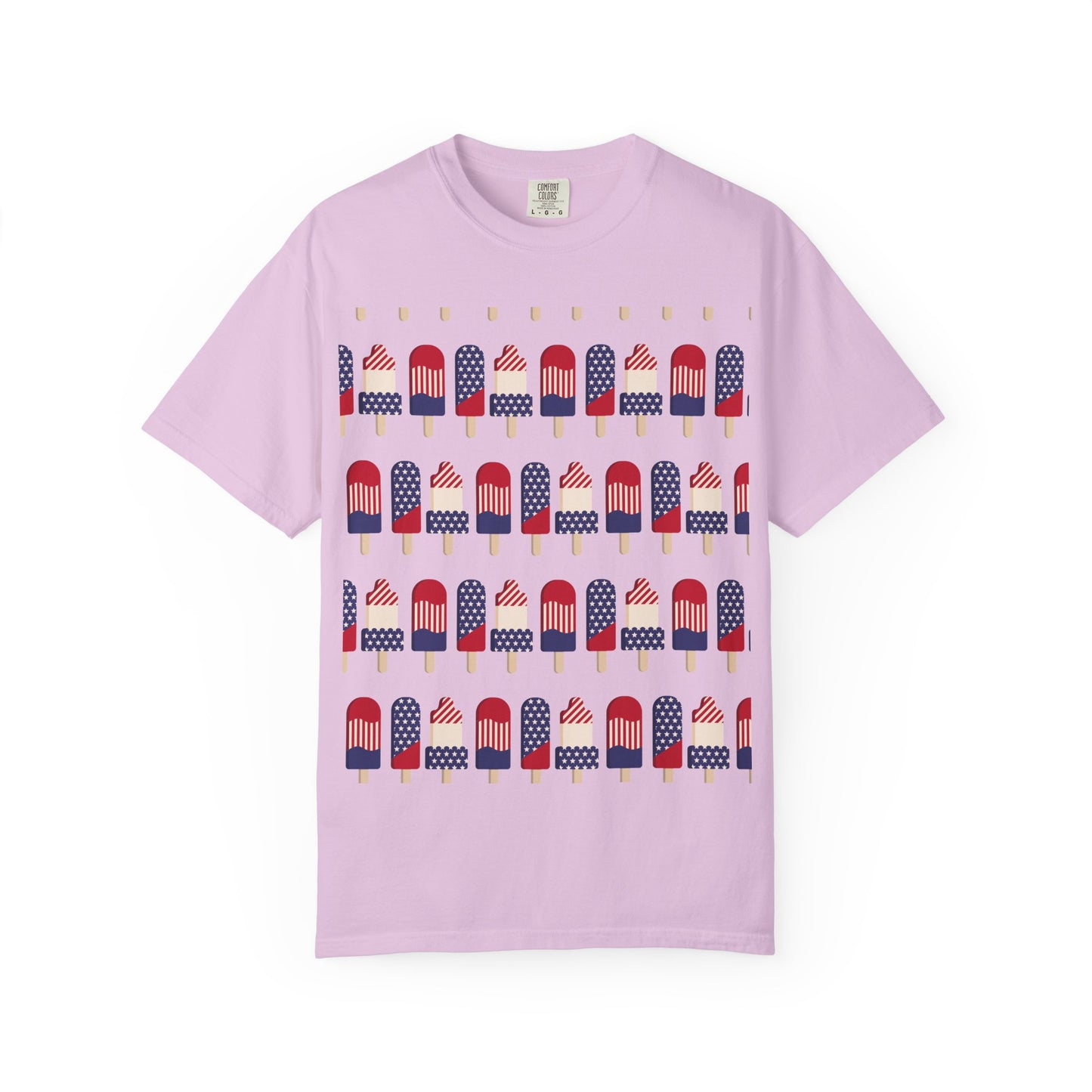 Light purple popsicle T-shirt with red, white, and blue flag popsicle graphic