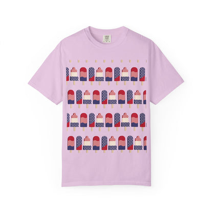 Light purple popsicle T-shirt with red, white, and blue flag popsicle graphic