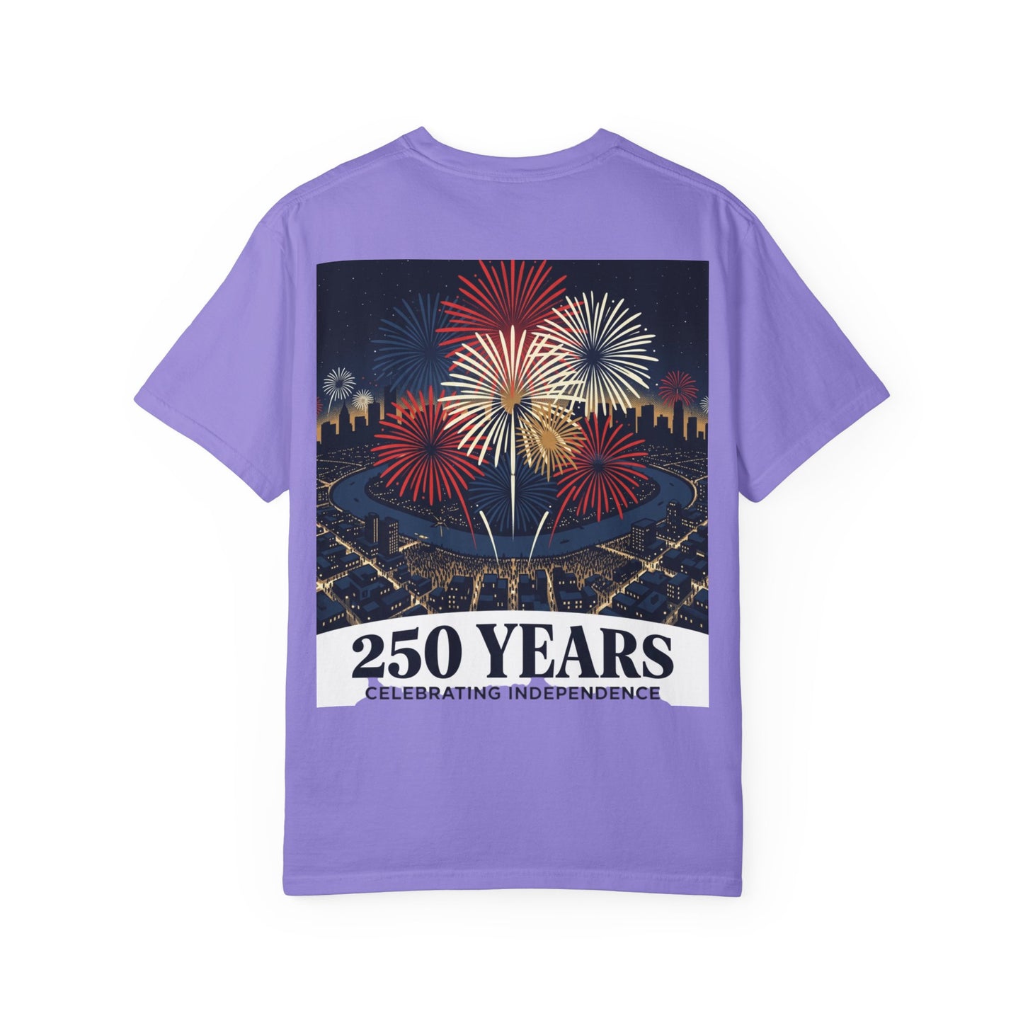 Purple T-shirt with multicolor fireworks and 250 YEARS independence text