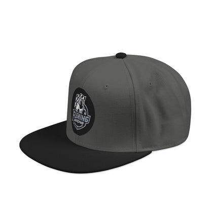Embroidered baseball cap, charcoal gray crown with black brim and ghost racing patch