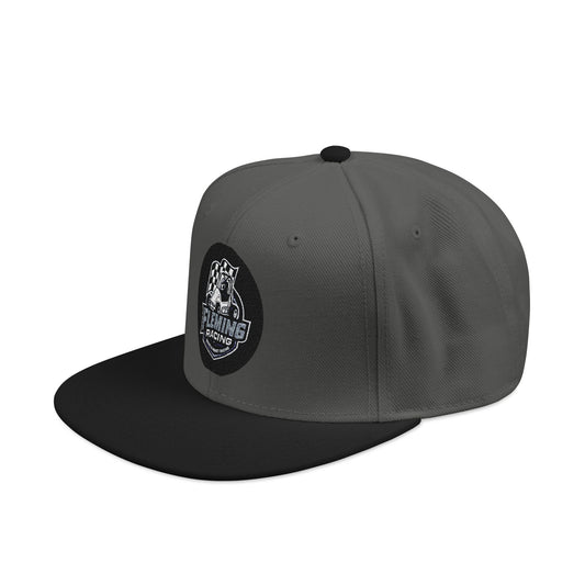 Embroidered baseball cap, charcoal gray crown with black brim and ghost racing patch