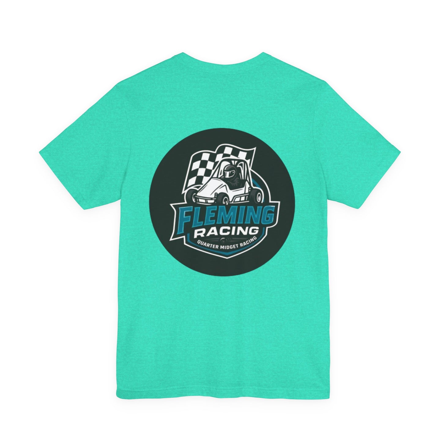 Turquoise Fleming Racing logo T-shirt with circular car emblem
