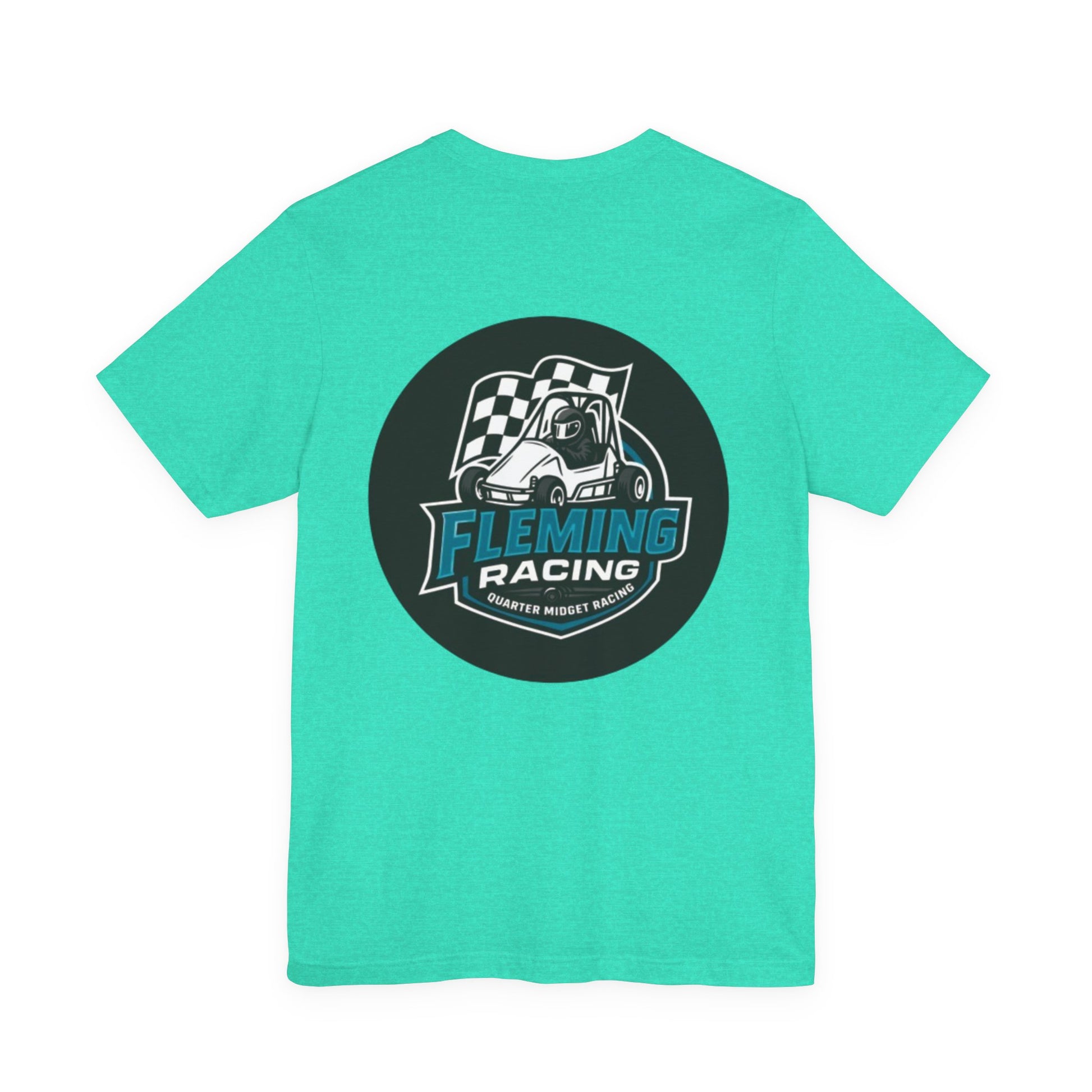 Turquoise Fleming Racing logo T-shirt with circular car emblem