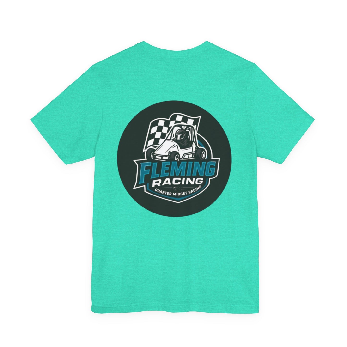 Teal racing logo T-shirt with circular car emblem graphic on chest.