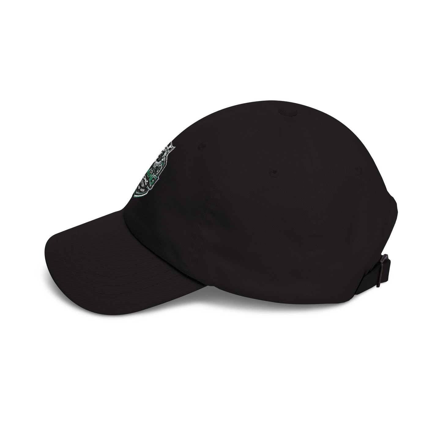 Soccer crest cap in black with green crest patch on the front panel
