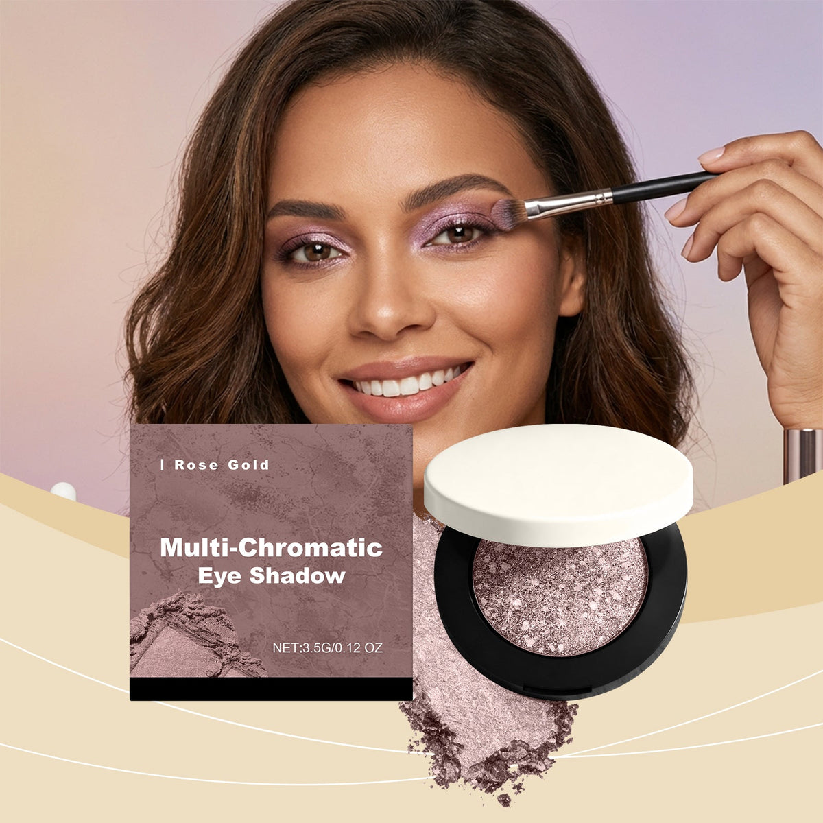 Rose gold multi-chromatic eye shadow compact with glitter pan while applying eyeshadow