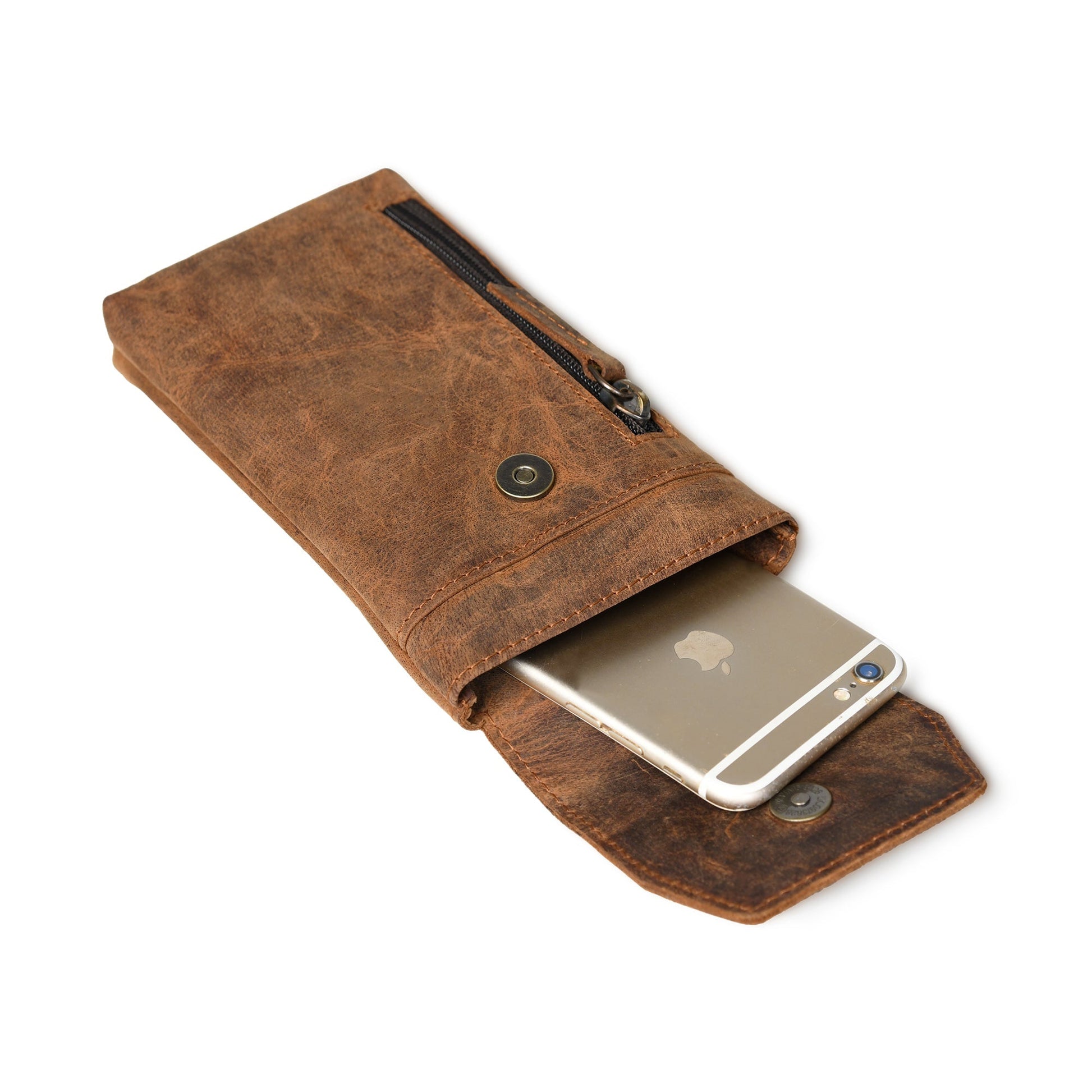 Brown leather holster case with open phone slot and zipper top